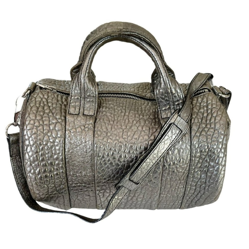 Alexander Wang Rocco Rockie Rhodium Pebbled Metallic Silver Lambskin Leather Bag